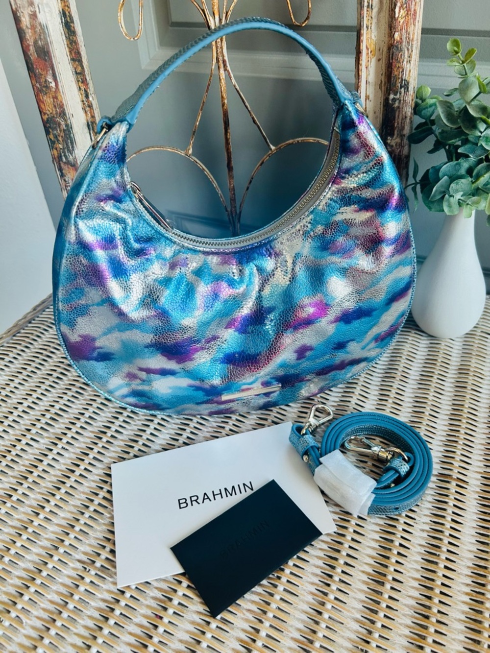 Brahmin Mindy Hobo Bag Iridescent Blue Metallic Snakeskin Leather + Strap